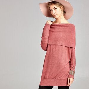 Love Kuza Salmon‎ Pink Cowl Neck Long Sweater Cozy Teddy Bear Feel Women's Sz L